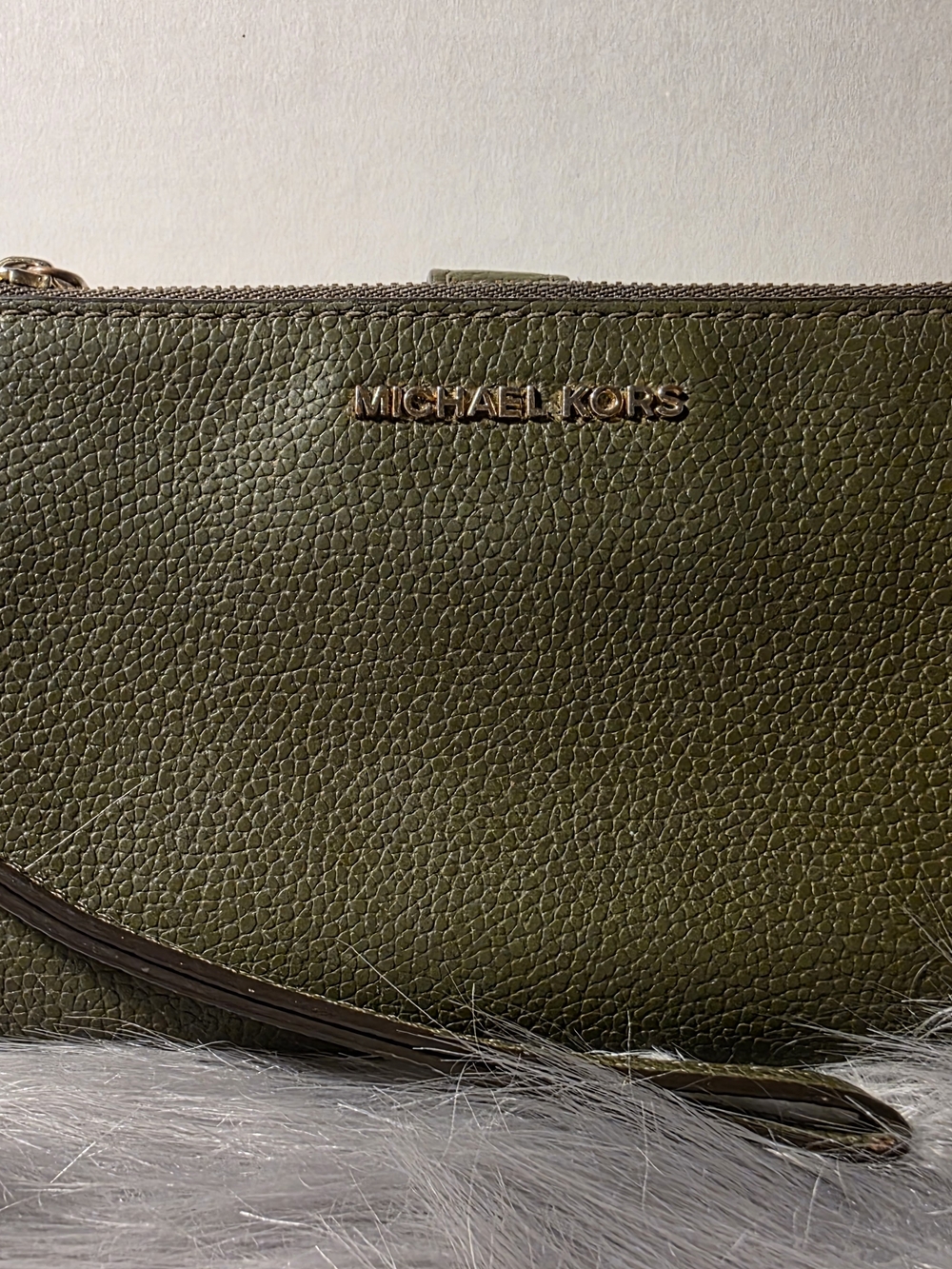 Michael Kors Olive Pebbled Leather Wristlet with Gold Logo